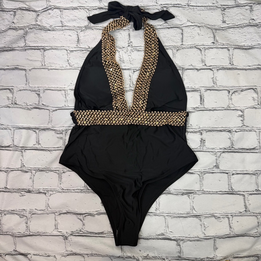 Black & Gold Plunge Neckline One Piece Swimsuit